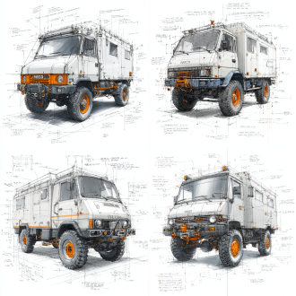 cad blueprint of the iveco daily classics in a pencil hand-drawn style. the design sketch includes detailed dimensions and text annotations, showcasing its robust off-road capabilities and unique structure. the drawing is rendered with black lines on a pure white background, with key components like the tires, suspension, and grille highlighted with subtle color accents for emphasi