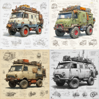 a 3d design sketch of a post-apocalyptic modified truck iveco daily classics , centered in the composition, rendered in a pencil hand-drawn sketch style. the vehicle features heavy armor plating, spiked bumpers, and oversized, rugged tires designed for traversing harsh wasteland terrain. the roof is equipped with scavenged accessories such as makeshift weapon mounts, storage crates, and rusted fuel canisters. the rear of the vehicle includes reinforced panels and exhaust pipes, with scattered barbed wire and chains for additional protection. surrounding the main subject are unfinished sketches of specific parts, including close-ups of the suspension system, wheel treads, and weapon mounts. the design includes detailed annotations and descriptive text explaining each component's purpose and construction.