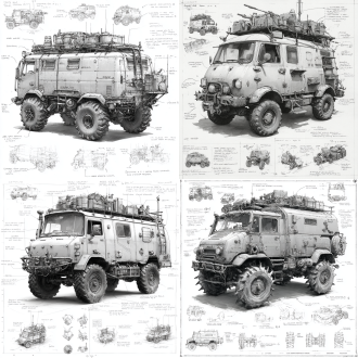 a 3d design sketch of a post-apocalyptic modified truck iveco daily classics , centered in the composition, rendered in a pencil hand-drawn sketch style. the vehicle features heavy armor plating, spiked bumpers, and oversized, rugged tires designed for traversing harsh wasteland terrain. the roof is equipped with scavenged accessories such as makeshift weapon mounts, storage crates, and rusted fuel canisters. the rear of the vehicle includes reinforced panels and exhaust pipes, with scattered barbed wire and chains for additional protection. surrounding the main subject are unfinished sketches of specific parts, including close-ups of the suspension system, wheel treads, and weapon mounts. the design includes detailed annotations and descriptive text explaining each component's purpose and construction.