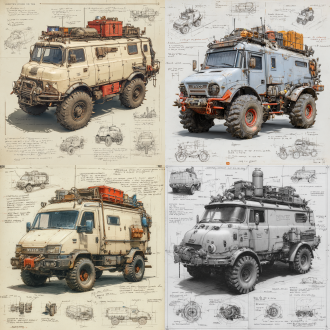 a 3d design sketch of a post-apocalyptic modified truck iveco daily classics , centered in the composition, rendered in a pencil hand-drawn sketch style. the vehicle features heavy armor plating, spiked bumpers, and oversized, rugged tires designed for traversing harsh wasteland terrain. the roof is equipped with scavenged accessories such as makeshift weapon mounts, storage crates, and rusted fuel canisters. the rear of the vehicle includes reinforced panels and exhaust pipes, with scattered barbed wire and chains for additional protection. surrounding the main subject are unfinished sketches of specific parts, including close-ups of the suspension system, wheel treads, and weapon mounts. the design includes detailed annotations and descriptive text explaining each component's purpose and construction.