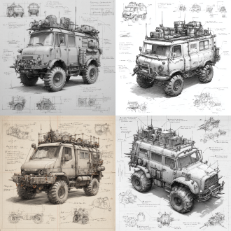 a 3d design sketch of a post-apocalyptic modified truck iveco daily classics , centered in the composition, rendered in a pencil hand-drawn sketch style. the vehicle features heavy armor plating, spiked bumpers, and oversized, rugged tires designed for traversing harsh wasteland terrain. the roof is equipped with scavenged accessories such as makeshift weapon mounts, storage crates, and rusted fuel canisters. the rear of the vehicle includes reinforced panels and exhaust pipes, with scattered barbed wire and chains for additional protection. surrounding the main subject are unfinished sketches of specific parts, including close-ups of the suspension system, wheel treads, and weapon mounts. the design includes detailed annotations and descriptive text explaining each component's purpose and construction.