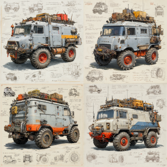 a 3d design sketch of a post-apocalyptic modified truck iveco daily classics , centered in the composition, rendered in a pencil hand-drawn sketch style. the vehicle features heavy armor plating, spiked bumpers, and oversized, rugged tires designed for traversing harsh wasteland terrain. the roof is equipped with scavenged accessories such as makeshift weapon mounts, storage crates, and rusted fuel canisters. the rear of the vehicle includes reinforced panels and exhaust pipes, with scattered barbed wire and chains for additional protection. surrounding the main subject are unfinished sketches of specific parts, including close-ups of the suspension system, wheel treads, and weapon mounts. the design includes detailed annotations and descriptive text explaining each component's purpose and construction.