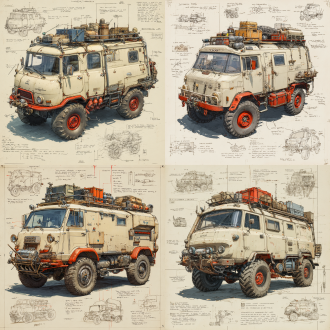 a 3d design sketch of a post-apocalyptic modified truck iveco daily classics , centered in the composition, rendered in a pencil hand-drawn sketch style. the vehicle features heavy armor plating, spiked bumpers, and oversized, rugged tires designed for traversing harsh wasteland terrain. the roof is equipped with scavenged accessories such as makeshift weapon mounts, storage crates, and rusted fuel canisters. the rear of the vehicle includes reinforced panels and exhaust pipes, with scattered barbed wire and chains for additional protection. surrounding the main subject are unfinished sketches of specific parts, including close-ups of the suspension system, wheel treads, and weapon mounts. the design includes detailed annotations and descriptive text explaining each component's purpose and construction.