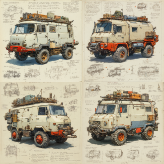 a 3d design sketch of a post-apocalyptic modified truck iveco daily classics , centered in the composition, rendered in a pencil hand-drawn sketch style. the vehicle features heavy armor plating, spiked bumpers, and oversized, rugged tires designed for traversing harsh wasteland terrain. the roof is equipped with scavenged accessories such as makeshift weapon mounts, storage crates, and rusted fuel canisters. the rear of the vehicle includes reinforced panels and exhaust pipes, with scattered barbed wire and chains for additional protection. surrounding the main subject are unfinished sketches of specific parts, including close-ups of the suspension system, wheel treads, and weapon mounts. the design includes detailed annotations and descriptive text explaining each component's purpose and construction.