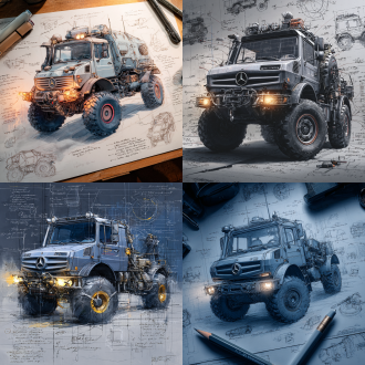 后末日改装奔驰乌尼莫克3d铅笔手绘草图，居中构图，重装甲、大轮胎，周边有零件草图与注解，冷色调，写实风，顶光。