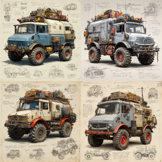 a 3d design sketch of a post-apocalyptic modified truck mercedes-benz unimog classics , centered in the composition, rendered in a pencil hand-drawn sketch style. the vehicle features heavy armor plating, spiked bumpers, and oversized, rugged tires designed for traversing harsh wasteland terrain. the roof is equipped with scavenged accessories such as makeshift weapon mounts, storage crates, and rusted fuel canisters. the rear of the vehicle includes reinforced panels and exhaust pipes, with scattered barbed wire and chains for additional protection. surrounding the main subject are unfinished sketches of specific parts, including close-ups of the suspension system, wheel treads, and weapon mounts. the design includes detailed annotations and descriptive text explaining each component's purpose and construction.