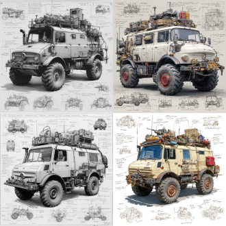 a 3d design sketch of a post-apocalyptic modified truck mercedes-benz unimog classics , centered in the composition, rendered in a pencil hand-drawn sketch style. the vehicle features heavy armor plating, spiked bumpers, and oversized, rugged tires designed for traversing harsh wasteland terrain. the roof is equipped with scavenged accessories such as makeshift weapon mounts, storage crates, and rusted fuel canisters. the rear of the vehicle includes reinforced panels and exhaust pipes, with scattered barbed wire and chains for additional protection. surrounding the main subject are unfinished sketches of specific parts, including close-ups of the suspension system, wheel treads, and weapon mounts. the design includes detailed annotations and descriptive text explaining each component's purpose and construction.
