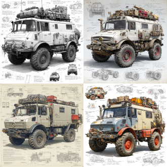 a 3d design sketch of a post-apocalyptic modified truck mercedes-benz unimog classics , centered in the composition, rendered in a pencil hand-drawn sketch style. the vehicle features heavy armor plating, spiked bumpers, and oversized, rugged tires designed for traversing harsh wasteland terrain. the roof is equipped with scavenged accessories such as makeshift weapon mounts, storage crates, and rusted fuel canisters. the rear of the vehicle includes reinforced panels and exhaust pipes, with scattered barbed wire and chains for additional protection. surrounding the main subject are unfinished sketches of specific parts, including close-ups of the suspension system, wheel treads, and weapon mounts. the design includes detailed annotations and descriptive text explaining each component's purpose and construction.