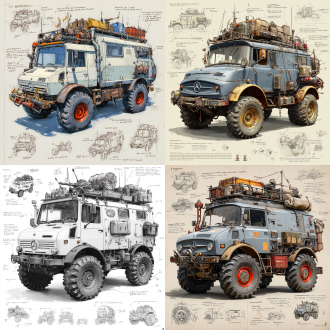a 3d design sketch of a post-apocalyptic modified truck mercedes-benz unimog classics , centered in the composition, rendered in a pencil hand-drawn sketch style. the vehicle features heavy armor plating, spiked bumpers, and oversized, rugged tires designed for traversing harsh wasteland terrain. the roof is equipped with scavenged accessories such as makeshift weapon mounts, storage crates, and rusted fuel canisters. the rear of the vehicle includes reinforced panels and exhaust pipes, with scattered barbed wire and chains for additional protection. surrounding the main subject are unfinished sketches of specific parts, including close-ups of the suspension system, wheel treads, and weapon mounts. the design includes detailed annotations and descriptive text explaining each component's purpose and construction.