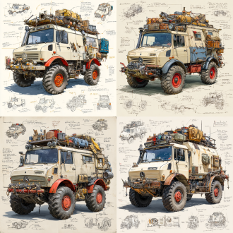 a 3d design sketch of a post-apocalyptic modified truck mercedes-benz unimog classics , centered in the composition, rendered in a pencil hand-drawn sketch style. the vehicle features heavy armor plating, spiked bumpers, and oversized, rugged tires designed for traversing harsh wasteland terrain. the roof is equipped with scavenged accessories such as makeshift weapon mounts, storage crates, and rusted fuel canisters. the rear of the vehicle includes reinforced panels and exhaust pipes, with scattered barbed wire and chains for additional protection. surrounding the main subject are unfinished sketches of specific parts, including close-ups of the suspension system, wheel treads, and weapon mounts. the design includes detailed annotations and descriptive text explaining each component's purpose and construction.