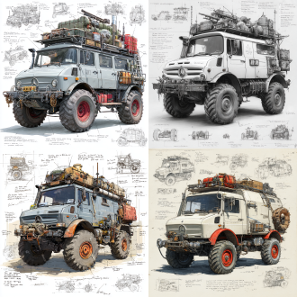 a 3d design sketch of a post-apocalyptic modified truck mercedes-benz unimog classics , centered in the composition, rendered in a pencil hand-drawn sketch style. the vehicle features heavy armor plating, spiked bumpers, and oversized, rugged tires designed for traversing harsh wasteland terrain. the roof is equipped with scavenged accessories such as makeshift weapon mounts, storage crates, and rusted fuel canisters. the rear of the vehicle includes reinforced panels and exhaust pipes, with scattered barbed wire and chains for additional protection. surrounding the main subject are unfinished sketches of specific parts, including close-ups of the suspension system, wheel treads, and weapon mounts. the design includes detailed annotations and descriptive text explaining each component's purpose and construction.