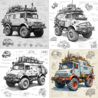 a 3d design sketch of a post-apocalyptic modified truck mercedes-benz unimog classics , centered in the composition, rendered in a pencil hand-drawn sketch style. the vehicle features heavy armor plating, spiked bumpers, and oversized, rugged tires designed for traversing harsh wasteland terrain. the roof is equipped with scavenged accessories such as makeshift weapon mounts, storage crates, and rusted fuel canisters. the rear of the vehicle includes reinforced panels and exhaust pipes, with scattered barbed wire and chains for additional protection. surrounding the main subject are unfinished sketches of specific parts, including close-ups of the suspension system, wheel treads, and weapon mounts. the design includes detailed annotations and descriptive text explaining each component's purpose and construction.
