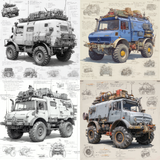 a 3d design sketch of a post-apocalyptic modified truck mercedes-benz unimog classics , centered in the composition, rendered in a pencil hand-drawn sketch style. the vehicle features heavy armor plating, spiked bumpers, and oversized, rugged tires designed for traversing harsh wasteland terrain. the roof is equipped with scavenged accessories such as makeshift weapon mounts, storage crates, and rusted fuel canisters. the rear of the vehicle includes reinforced panels and exhaust pipes, with scattered barbed wire and chains for additional protection. surrounding the main subject are unfinished sketches of specific parts, including close-ups of the suspension system, wheel treads, and weapon mounts. the design includes detailed annotations and descriptive text explaining each component's purpose and construction.