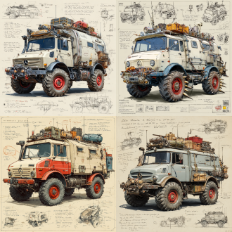 a 3d design sketch of a post-apocalyptic modified truck mercedes-benz unimog classics , centered in the composition, rendered in a pencil hand-drawn sketch style. the vehicle features heavy armor plating, spiked bumpers, and oversized, rugged tires designed for traversing harsh wasteland terrain. the roof is equipped with scavenged accessories such as makeshift weapon mounts, storage crates, and rusted fuel canisters. the rear of the vehicle includes reinforced panels and exhaust pipes, with scattered barbed wire and chains for additional protection. surrounding the main subject are unfinished sketches of specific parts, including close-ups of the suspension system, wheel treads, and weapon mounts. the design includes detailed annotations and descriptive text explaining each component's purpose and construction.
