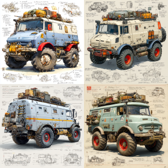 a 3d design sketch of a post-apocalyptic modified truck mercedes-benz unimog classics , centered in the composition, rendered in a pencil hand-drawn sketch style. the vehicle features heavy armor plating, spiked bumpers, and oversized, rugged tires designed for traversing harsh wasteland terrain. the roof is equipped with scavenged accessories such as makeshift weapon mounts, storage crates, and rusted fuel canisters. the rear of the vehicle includes reinforced panels and exhaust pipes, with scattered barbed wire and chains for additional protection. surrounding the main subject are unfinished sketches of specific parts, including close-ups of the suspension system, wheel treads, and weapon mounts. the design includes detailed annotations and descriptive text explaining each component's purpose and construction.