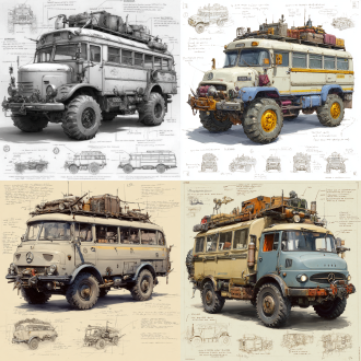 a 3d design sketch of a post-apocalyptic modified truck mercedes-american school bus classics ,install wire mesh on the windows. centered in the composition, rendered in a pencil hand-drawn sketch style. the vehicle features heavy armor plating, spiked bumpers, and oversized, rugged tires designed for traversing harsh wasteland terrain. the roof is equipped with scavenged accessories such as makeshift weapon mounts, storage crates, and rusted fuel canisters. the rear of the vehicle includes reinforced panels and exhaust pipes, with scattered barbed wire and chains for additional protection. surrounding the main subject are unfinished sketches of specific parts, including close-ups of the suspension system, wheel treads, and weapon mounts. the design includes detailed annotations and descriptive text explaining each component's purpose and construction.