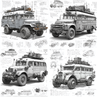 a 3d design sketch of a post-apocalyptic modified truck american school bus classics ,install wire mesh on the windows. centered in the composition, rendered in a pencil hand-drawn sketch style. the vehicle features heavy armor plating, spiked bumpers, and oversized, rugged tires designed for traversing harsh wasteland terrain. the roof is equipped with scavenged accessories such as makeshift weapon mounts, storage crates, and rusted fuel canisters. the rear of the vehicle includes reinforced panels and exhaust pipes, with scattered barbed wire and chains for additional protection. surrounding the main subject are unfinished sketches of specific parts, including close-ups of the suspension system, wheel treads, and weapon mounts. the design includes detailed annotations and descriptive text explaining each component's purpose and construction.