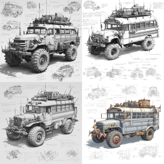 a 3d design sketch of a post-apocalyptic modified truck american school bus classics ,install wire mesh on the windows. centered in the composition, rendered in a pencil hand-drawn sketch style. the vehicle features heavy armor plating, spiked bumpers, and oversized, rugged tires designed for traversing harsh wasteland terrain. the roof is equipped with scavenged accessories such as makeshift weapon mounts, storage crates, and rusted fuel canisters. the rear of the vehicle includes reinforced panels and exhaust pipes, with scattered barbed wire and chains for additional protection. surrounding the main subject are unfinished sketches of specific parts, including close-ups of the suspension system, wheel treads, and weapon mounts. the design includes detailed annotations and descriptive text explaining each component's purpose and construction.