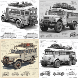 a 3d design sketch of a post-apocalyptic modified truck american school bus classics ,install wire mesh on the windows. centered in the composition, rendered in a pencil hand-drawn sketch style. the vehicle features heavy armor plating, spiked bumpers, and oversized, rugged tires designed for traversing harsh wasteland terrain. the roof is equipped with scavenged accessories such as makeshift weapon mounts, storage crates, and rusted fuel canisters. the rear of the vehicle includes reinforced panels and exhaust pipes, with scattered barbed wire and chains for additional protection. surrounding the main subject are unfinished sketches of specific parts, including close-ups of the suspension system, wheel treads, and weapon mounts. the design includes detailed annotations and descriptive text explaining each component's purpose and construction.