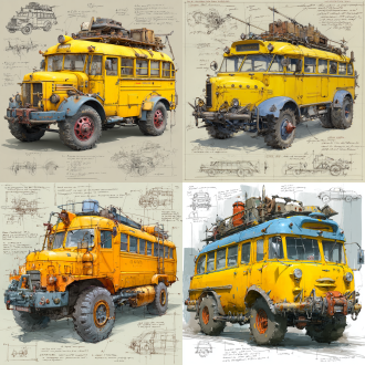 a 3d design sketch of a post-apocalyptic modified truck american school bus classics , yellow body ，install wire mesh on the windows. centered in the composition, rendered in a pencil hand-drawn sketch style. the vehicle features heavy armor plating, spiked bumpers, and oversized, rugged tires designed for traversing harsh wasteland terrain. the roof is equipped with scavenged accessories such as makeshift weapon mounts, storage crates, and rusted fuel canisters. the rear of the vehicle includes reinforced panels and exhaust pipes, with scattered barbed wire and chains for additional protection. surrounding the main subject are unfinished sketches of specific parts, including close-ups of the suspension system, wheel treads, and weapon mounts. the design includes detailed annotations and descriptive text explaining each component's purpose and construction.