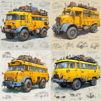 a 3d design sketch of a post-apocalyptic modified truck american school bus classics , yellow body ，install wire mesh on the windows. centered in the composition, rendered in a pencil hand-drawn sketch style. the vehicle features heavy armor plating, spiked bumpers, and oversized, rugged tires designed for traversing harsh wasteland terrain. the roof is equipped with scavenged accessories such as makeshift weapon mounts, storage crates, and rusted fuel canisters. the rear of the vehicle includes reinforced panels and exhaust pipes, with scattered barbed wire and chains for additional protection. surrounding the main subject are unfinished sketches of specific parts, including close-ups of the suspension system, wheel treads, and weapon mounts. the design includes detailed annotations and descriptive text explaining each component's purpose and construction.