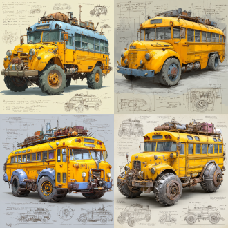 a 3d design sketch of a post-apocalyptic modified american school bus classics , yellow body ，install wire mesh on the windows. centered in the composition, rendered in a pencil hand-drawn sketch style. the vehicle features heavy armor plating, spiked bumpers, and oversized, rugged tires designed for traversing harsh wasteland terrain. the roof is equipped with scavenged accessories such as makeshift weapon mounts, storage crates, and rusted fuel canisters. the rear of the vehicle includes reinforced panels and exhaust pipes, with scattered barbed wire and chains for additional protection. surrounding the main subject are unfinished sketches of specific parts, including close-ups of the suspension system, wheel treads, and weapon mounts. the design includes detailed annotations and descriptive text explaining each component's purpose and construction.