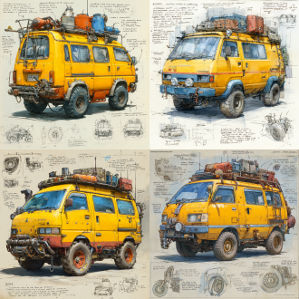 a 3d design sketch of a post-apocalyptic modified， mitsubishi delica classics , yellow body ，install wire mesh on the windows. centered in the composition, rendered in a pencil hand-drawn sketch style. the vehicle features heavy armor plating, spiked bumpers, and oversized, rugged tires designed for traversing harsh wasteland terrain. the roof is equipped with scavenged accessories such as makeshift weapon mounts, storage crates, and rusted fuel canisters. the rear of the vehicle includes reinforced panels and exhaust pipes, with scattered barbed wire and chains for additional protection. surrounding the main subject are unfinished sketches of specific parts, including close-ups of the suspension system, wheel treads, and weapon mounts. the design includes detailed annotations and descriptive text explaining each component's purpose and construction.