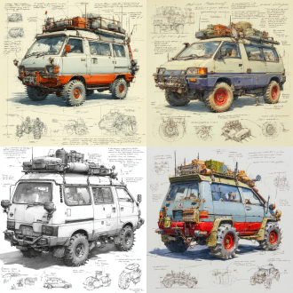 a 3d design sketch of a post-apocalyptic modified mitsubishi delica classics , install wire mesh on the windows. centered in the composition, rendered in a pencil hand-drawn sketch style. the vehicle features heavy armor plating, spiked bumpers, and oversized, rugged tires designed for traversing harsh wasteland terrain. the roof is equipped with scavenged accessories such as makeshift weapon mounts, storage crates, and rusted fuel canisters. the rear of the vehicle includes reinforced panels and exhaust pipes, with scattered barbed wire and chains for additional protection. surrounding the main subject are unfinished sketches of specific parts, including close-ups of the suspension system, wheel treads, and weapon mounts. the design includes detailed annotations and descriptive text explaining each component's purpose and construction.