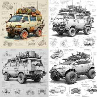 a 3d design sketch of a post-apocalyptic modified mitsubishi delica classics , install wire mesh on the windows. centered in the composition, rendered in a pencil hand-drawn sketch style. the vehicle features heavy armor plating, spiked bumpers, and oversized, rugged tires designed for traversing harsh wasteland terrain. the roof is equipped with scavenged accessories such as makeshift weapon mounts, storage crates, and rusted fuel canisters. the rear of the vehicle includes reinforced panels and exhaust pipes, with scattered barbed wire and chains for additional protection. surrounding the main subject are unfinished sketches of specific parts, including close-ups of the suspension system, wheel treads, and weapon mounts. the design includes detailed annotations and descriptive text explaining each component's purpose and construction.