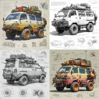 a 3d design sketch of a post-apocalyptic modified mitsubishi delica classics , install wire mesh on the windows. centered in the composition, rendered in a pencil hand-drawn sketch style. the vehicle features heavy armor plating, spiked bumpers, and oversized, rugged tires designed for traversing harsh wasteland terrain. the roof is equipped with scavenged accessories such as makeshift weapon mounts, storage crates, and rusted fuel canisters. the rear of the vehicle includes reinforced panels and exhaust pipes, with scattered barbed wire and chains for additional protection. surrounding the main subject are unfinished sketches of specific parts, including close-ups of the suspension system, wheel treads, and weapon mounts. the design includes detailed annotations and descriptive text explaining each component's purpose and construction.