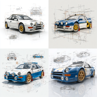 a 3d illustration of a ford rs200 evolution , in its classic color scheme, centered in the composition with surrounding design sketches in pencil-style hand-drawn elements. the vehicle's details are rendered with precise measurements and descriptive annotations. the background is pure white to emphasize the vehicle, with selective color highlights on key components such as the headlights, wheels, and grille. the style combines the realism of 3d with the charm of pencil sketch detailing, capturing both the practical design and compact city-friendly features of the ford rs200 evolution.