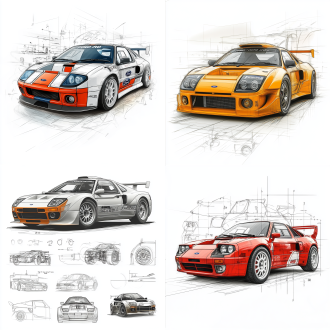 a 3d illustration of a ford rs200 evolution , in its classic color scheme, centered in the composition with surrounding design sketches in pencil-style hand-drawn elements. the vehicle's details are rendered with precise measurements and descriptive annotations. the background is pure white to emphasize the vehicle, with selective color highlights on key components such as the headlights, wheels, and grille. the style combines the realism of 3d with the charm of pencil sketch detailing, capturing both the practical design and compact city-friendly features of the ford rs200 evolution.