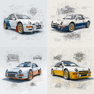 a 3d illustration of a ford rs200 evolution , in its classic color scheme, centered in the composition with surrounding design sketches in pencil-style hand-drawn elements. the vehicle's details are rendered with precise measurements and descriptive annotations. the background is pure white to emphasize the vehicle, with selective color highlights on key components such as the headlights, wheels, and grille. the style combines the realism of 3d with the charm of pencil sketch detailing, capturing both the practical design and compact city-friendly features of the ford rs200 evolution.
