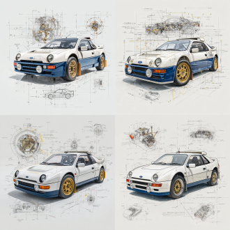 a 3d illustration of a ford rs200 evolution , in its classic color scheme, centered in the composition with surrounding design sketches in pencil-style hand-drawn elements. the vehicle's details are rendered with precise measurements and descriptive annotations. the background is pure white to emphasize the vehicle, with selective color highlights on key components such as the headlights, wheels, and grille. the style combines the realism of 3d with the charm of pencil sketch detailing, capturing both the practical design and compact city-friendly features of the ford rs200 evolution.