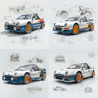a 3d illustration of a ford rs200 evolution , in its classic color scheme, centered in the composition with surrounding design sketches in pencil-style hand-drawn elements. the vehicle's details are rendered with precise measurements and descriptive annotations. the background is pure white to emphasize the vehicle, with selective color highlights on key components such as the headlights, wheels, and grille. the style combines the realism of 3d with the charm of pencil sketch detailing, capturing both the practical design and compact city-friendly features of the ford rs200 evolution.