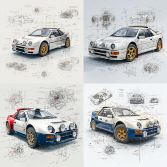 a 3d illustration of a ford rs200 evolution , in its classic color scheme, centered in the composition with surrounding design sketches in pencil-style hand-drawn elements. the vehicle's details are rendered with precise measurements and descriptive annotations. the background is pure white to emphasize the vehicle, with selective color highlights on key components such as the headlights, wheels, and grille. the style combines the realism of 3d with the charm of pencil sketch detailing, capturing both the practical design and compact city-friendly features of the ford rs200 evolution.