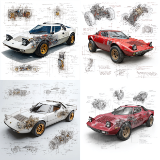 lancia stratos hf classic model, 3d central rendering on a pure white background, surrounded by hand-drawn sketches of key components. pencil sketch style with detailed annotations, including text descriptions and precise measurements. the classic color scheme highlights the elegance of this historic vehicle. the design focuses on both the full car and intricate mechanical details, capturing the essence of vintage automotive engineering .