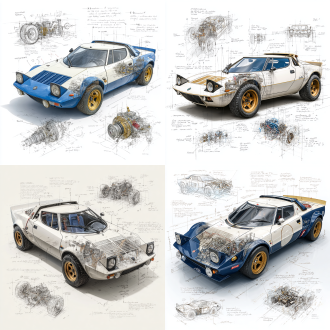 lancia stratos hf wrc classic model, 3d central rendering on a pure white background, surrounded by hand-drawn sketches of key components. pencil sketch style with detailed annotations, including text descriptions and precise measurements. the classic color scheme highlights the elegance of this historic vehicle. the design focuses on both the full car and intricate mechanical details, capturing the essence of vintage automotive engineering .