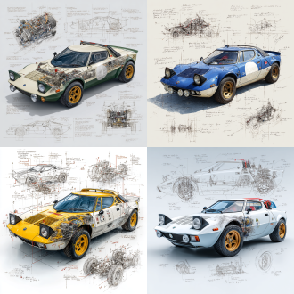 lancia stratos hf wrc classic model, 3d central rendering on a pure white background, surrounded by hand-drawn sketches of key components. pencil sketch style with detailed annotations, including text descriptions and precise measurements. the classic color scheme highlights the elegance of this historic vehicle. the design focuses on both the full car and intricate mechanical details, capturing the essence of vintage automotive engineering .