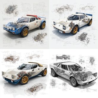 lancia stratos hf wrc classic model, 3d central rendering on a pure white background, surrounded by hand-drawn sketches of key components. pencil sketch style with detailed annotations, including text descriptions and precise measurements. the classic color scheme highlights the elegance of this historic vehicle. the design focuses on both the full car and intricate mechanical details, capturing the essence of vintage automotive engineering .