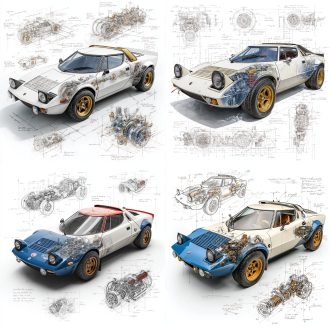 lancia stratos hf wrc classic model, 3d central rendering on a pure white background, surrounded by hand-drawn sketches of key components. pencil sketch style with detailed annotations, including text descriptions and precise measurements. the classic color scheme highlights the elegance of this historic vehicle. the design focuses on both the full car and intricate mechanical details, capturing the essence of vintage automotive engineering .
