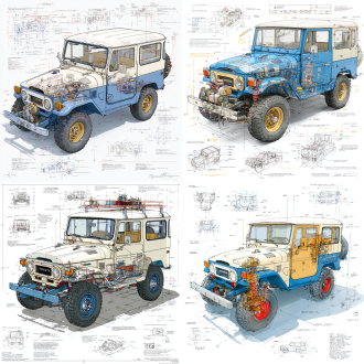 toyota fj40 cad blueprint design, detailed measurements and text annotations, hand-drawn sketch style, 3d rendering for the main structure, subtle color highlights on key components, clean white background, intricate yet organized lines .