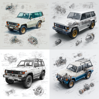 mitsubishi pajero v55 evolution classic model, 3d central rendering on a pure white background, surrounded by hand-drawn sketches of key components. pencil sketch style with detailed annotations, including text descriptions and precise measurements. the classic color scheme highlights the elegance of this historic vehicle. the design focuses on both the full car and intricate mechanical details, capturing the essence of vintage automotive engineering.