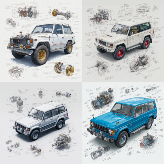 mitsubishi pajero v55 evolution classic model, 3d central rendering on a pure white background, surrounded by hand-drawn sketches of key components. pencil sketch style with detailed annotations, including text descriptions and precise measurements. the classic color scheme highlights the elegance of this historic vehicle. the design focuses on both the full car and intricate mechanical details, capturing the essence of vintage automotive engineering.