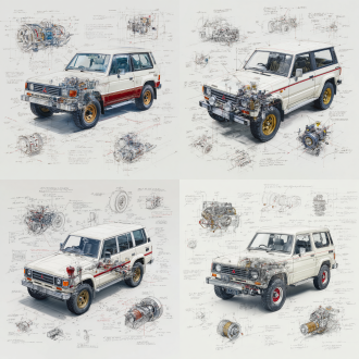 mitsubishi pajero v55 evolution classic model, 3d central rendering on a pure white background, surrounded by hand-drawn sketches of key components. pencil sketch style with detailed annotations, including text descriptions and precise measurements. the classic color scheme highlights the elegance of this historic vehicle. the design focuses on both the full car and intricate mechanical details, capturing the essence of vintage automotive engineering.