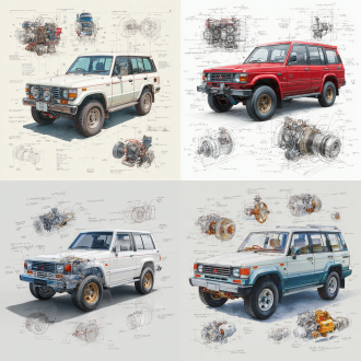 mitsubishi pajero v55 evo classic model, 3d central rendering on a pure white background, surrounded by hand-drawn sketches of key components. pencil sketch style with detailed annotations, including text descriptions and precise measurements. the classic color scheme highlights the elegance of this historic vehicle. the design focuses on both the full car and intricate mechanical details, capturing the essence of vintage automotive engineering.