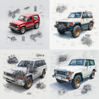 mitsubishi pajero v55 evo classic model, 3d central rendering on a pure white background, surrounded by hand-drawn sketches of key components. pencil sketch style with detailed annotations, including text descriptions and precise measurements. the classic color scheme highlights the elegance of this historic vehicle. the design focuses on both the full car and intricate mechanical details, capturing the essence of vintage automotive engineering.