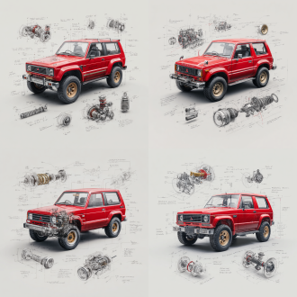 mitsubishi pajero v55 evo classic model, 3d central rendering on a pure white background, surrounded by hand-drawn sketches of key components. pencil sketch style with detailed annotations, including text descriptions and precise measurements. the classic color scheme highlights the elegance of this historic vehicle. the design focuses on both the full car and intricate mechanical details, capturing the essence of vintage automotive engineering.