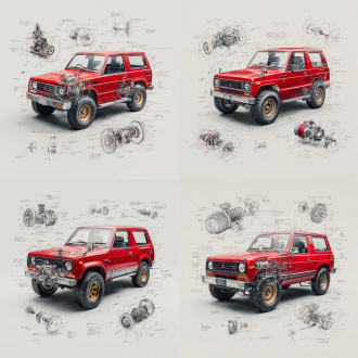 mitsubishi pajero v55 evo classic model, 3d central rendering on a pure white background, surrounded by hand-drawn sketches of key components. pencil sketch style with detailed annotations, including text descriptions and precise measurements. the classic color scheme highlights the elegance of this historic vehicle. the design focuses on both the full car and intricate mechanical details, capturing the essence of vintage automotive engineering.