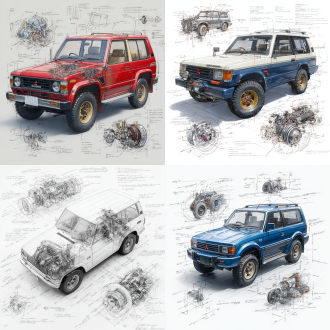 mitsubishi pajero v55 evo classic model, 3d central rendering on a pure white background, surrounded by hand-drawn sketches of key components. pencil sketch style with detailed annotations, including text descriptions and precise measurements. the classic color scheme highlights the elegance of this historic vehicle. the design focuses on both the full car and intricate mechanical details, capturing the essence of vintage automotive engineering.
